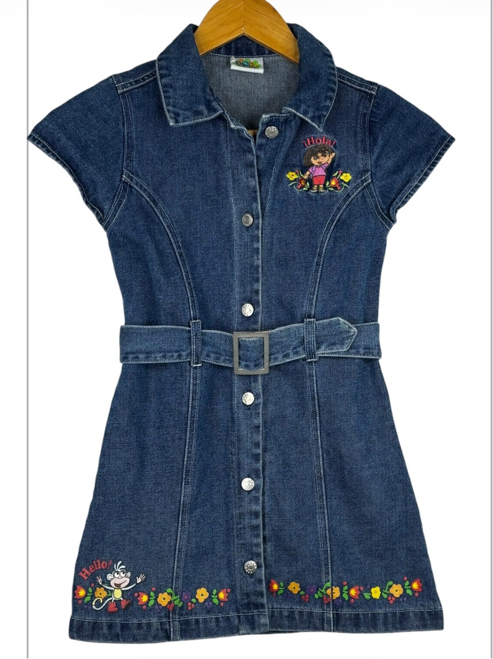 2004 Dora The Explorer & Boots Floral Print  Short Sleeve Belted Denim Dress 6